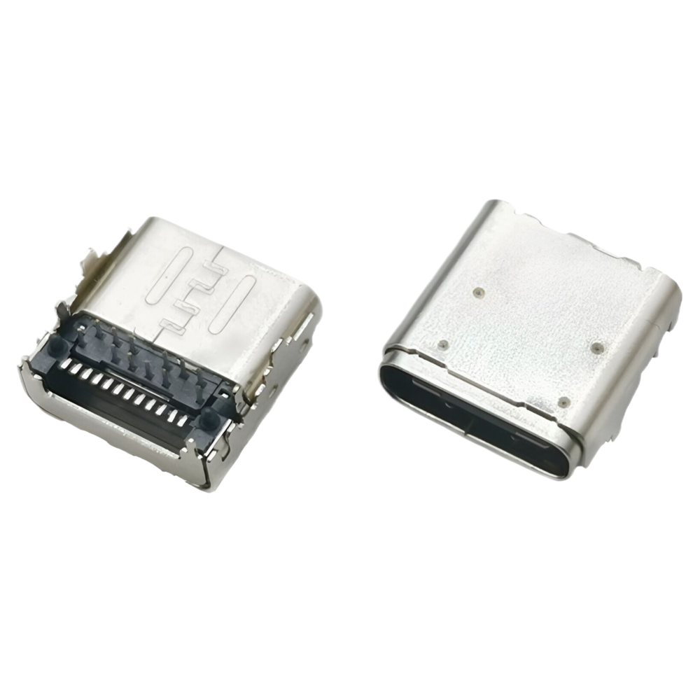 TYPE C 24P母座 六脚插板 前插后贴DIP+SMT CH=1.6MM L=9.1MM 双壳